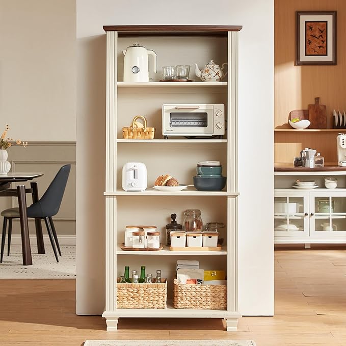 70" Tall White Bookshelf,5 Tier Wood Book Shelf with Adjustable Shelves & Wood Legs,Free Standing Farmhouse Bookcase with Open Display Storage,Vintage Kids Bookshelves for Nursery,3PCS