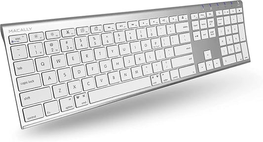 Macally Wireless Bluetooth Keyboard for Mac - Compatible Apple Keyboard or MacBook Pro/Air, iMac - Multi-Device, Up to 3 Devices with 110 Keys, 20 Shortcuts, Numeric Keypad, and Rechargeable - Silver