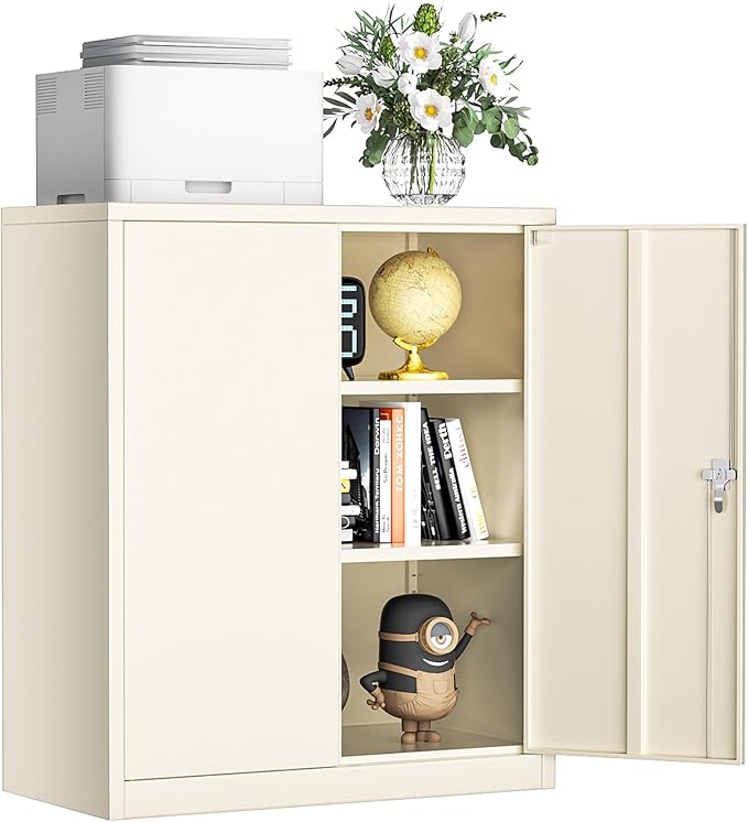 INTERGREAT Metal Cabinet with Lock, Lockable Metal Storage Cabinets with Doors and Shelves for Garage, Cream Grey Locking Garage Storage Cabinets 36"×32"×16"