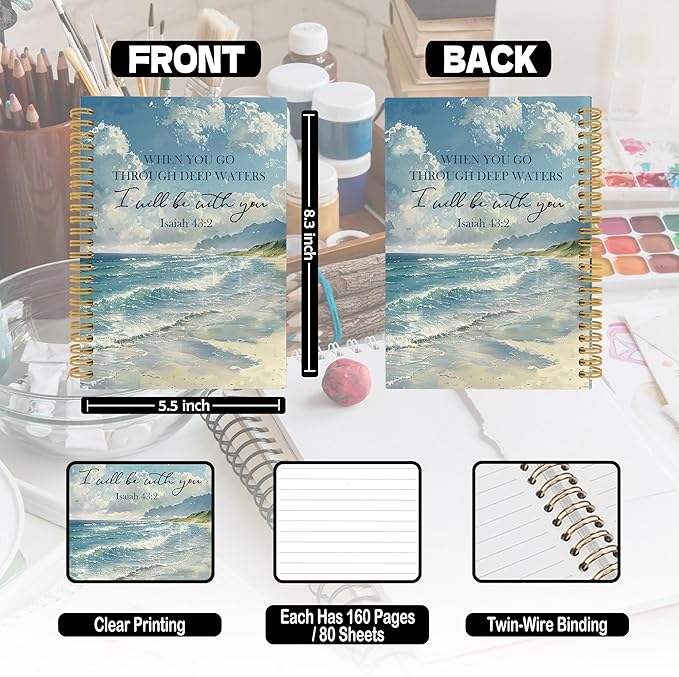 Ocean Christian Spiral Notebook, Coastal Bible Journaling Notebooks for Women Men, Religious Beach Hardcover Journals for Office 160 Pages 5.5 x 8.3 Inch, Scripture Gifts for Women Faith