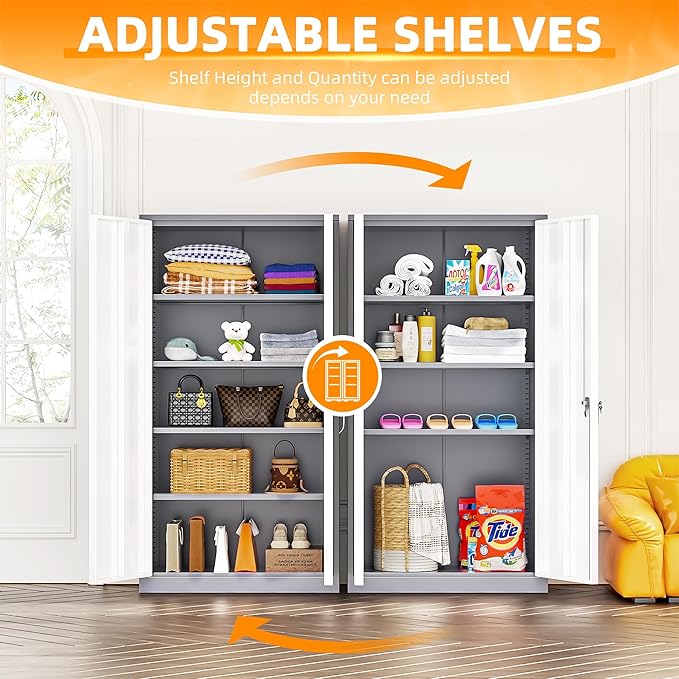 INTERGREAT Storage Cabinets with Doors and Shelves, 72“ Steel Tool Locking Cabinet, Metal Storage Cabinet for Home Office, Warehouse, School, Grey White