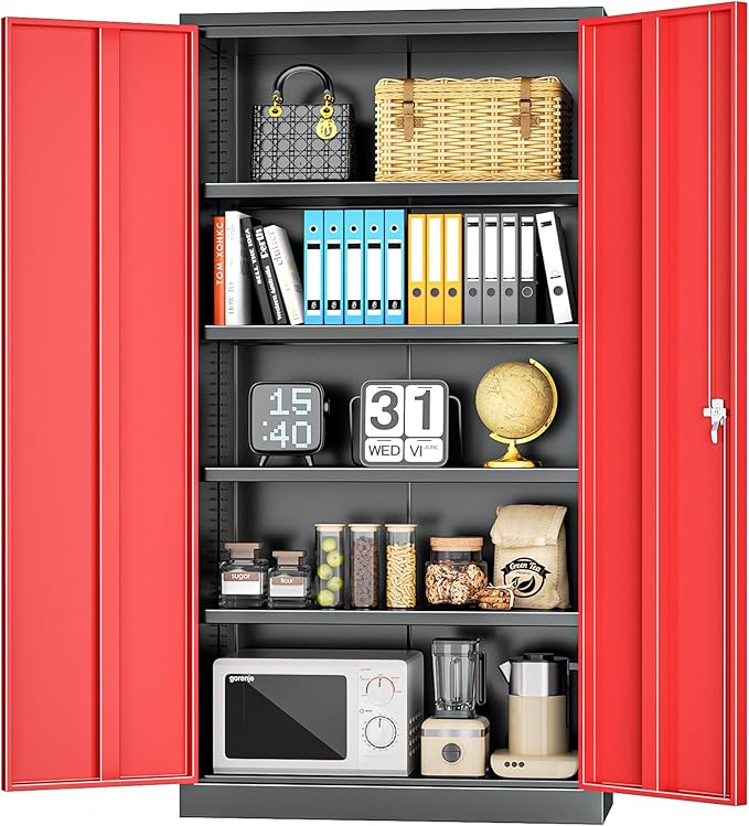 INTERGREAT Garage Storage Cabinet with Lockable Door, 72" H Metal Locking Cabinets with 4 Adjustable Shelves,Black Red Steel Cabinets Storage for Home Office, Warehouse,School