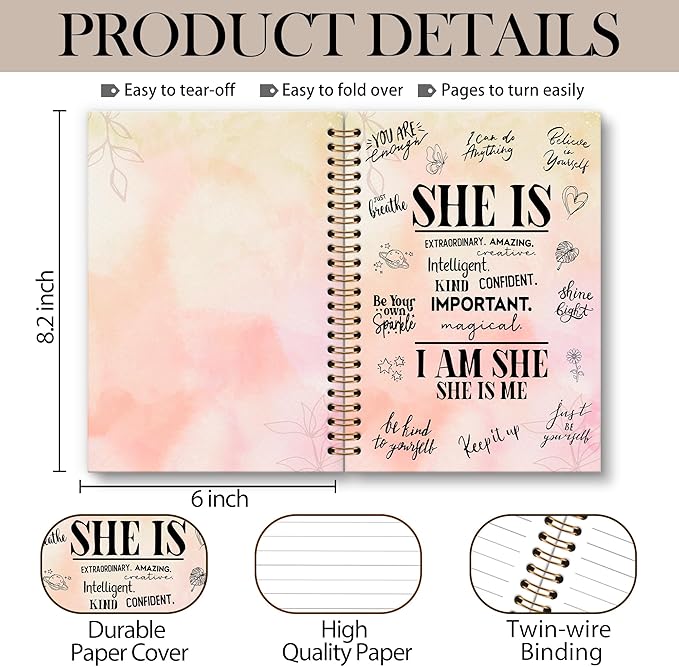 OINDADE Motivational Pink She is Notebook Journal, Self Care Pink Spiral Notebook, Self Love Motivational Notebooks Gifts for Women Girls, Positive Women Gifts School Office Supplies, 6x8.2In