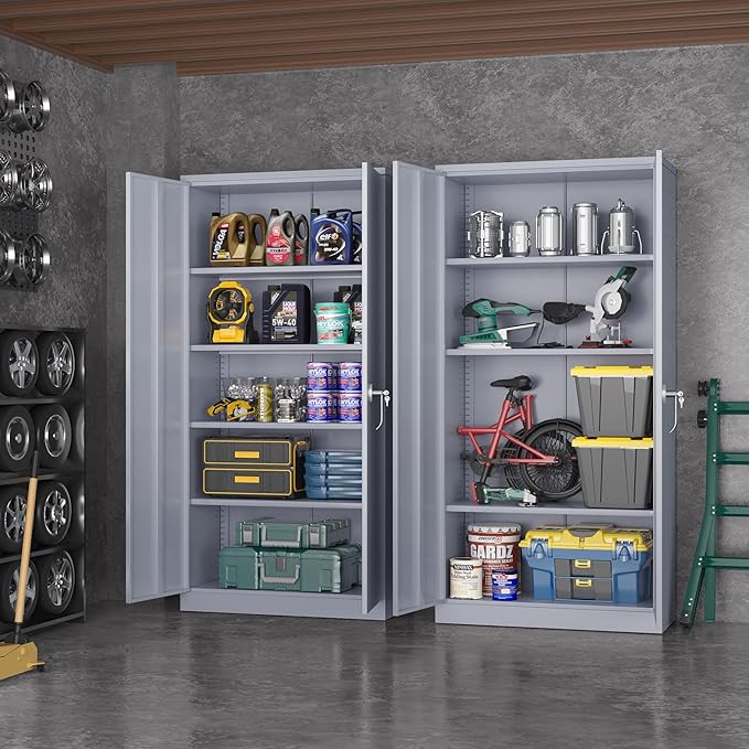 Greenvelly Metal Storage Cabinet with Doors, 72" Lockable Steel Garage Storage Cabinet with Shelves, Dark Grey 36" W x 18" D