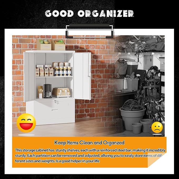 INTERGREAT Metal Storage Cabinet,Metal File Cabinet with Lockable Doors and Adjustable Shelves,Pantry Storage Cabinets for Garage,Home Office,Kitchen(White)