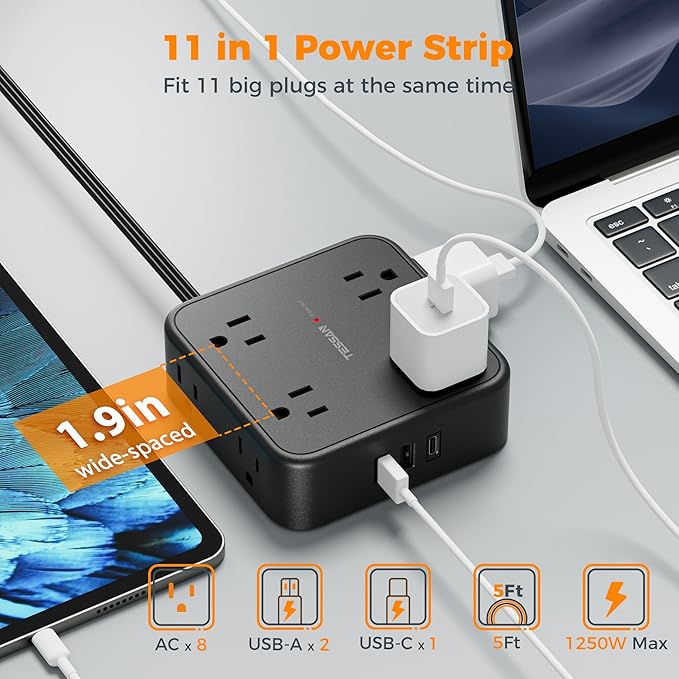 Surge Protector Flat Plug Power Strip, TESSAN Black Extension Cord, 8 AC Outlets, 3 USB Charger(1 USB C Port) 3 Side Outlet Extender, 5 Ft, 900 Joules Protection, Office Supplies, Dorm Essentials