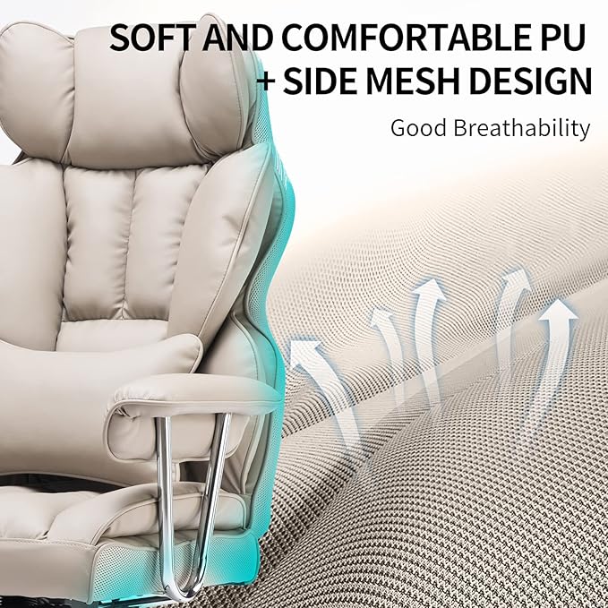 Efomao Big and Tall Office Chair 400lbs – High Back PU Leather Executive Chair with Lumbar Support, Footrest, Swivel Base, Padded Armrests, and Rolling Wheels for Home Office, Grey Computer Chair