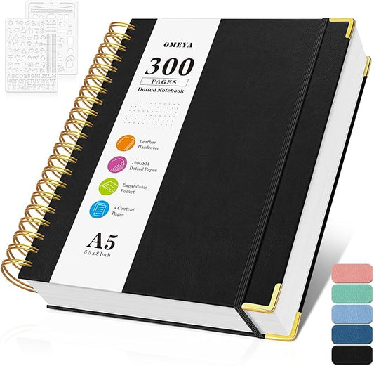 Bullet Dotted Journal Spiral Notebook, 300 Pages Leather Notebooks with Contens, 120 GSM Thick No Bleed Through Paper Journals, A5 Dot Grid Notebook for Women Men School Work Writing, 5.5" x 8", Black