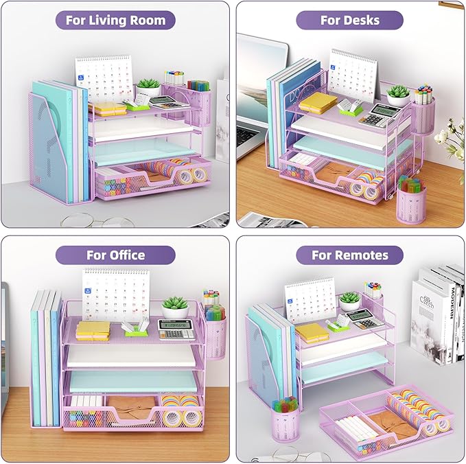 Marbrasse Desk Organizer and Accessories,4-Tier Paper Letter Tray Organizer with File Holder, Workspace Desk Organizers Accessories with Drawer and 2 Pen Holder (Purple, 15.4" x 9.1" x 8.3")