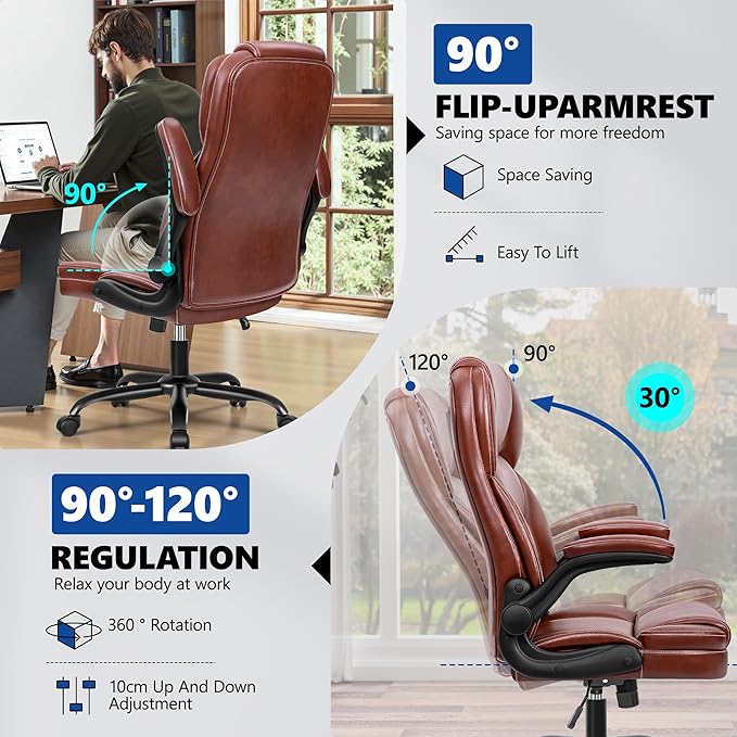 PU Leather Executive Office Chair, Ergonomic Mid-Back Computer & Gaming Chair with Adjustable Height, Rolling Swivel & Flip-Up Armrests, Comfy Padded Seat for Home Office-Brown