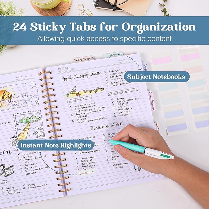 Spiral Notebook, 8.5” x 11” Notebooks for Work, 300 Numbered Pages College Ruled Notebook, Large Notebook for School with 24 Tabs, A4 Notebook Journal for Women Men, Thick Paper, Back Pocket, Black