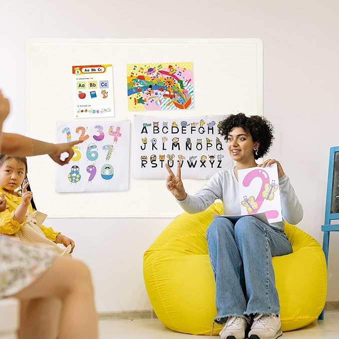 Large Bulletin Board - 48 x 36 Inches, Decorative Felt Pin Board for Wall - 4' x 3' Foldable Photo Display Board with Self-Adhesive Tape, Includes 20 Push Pins - White