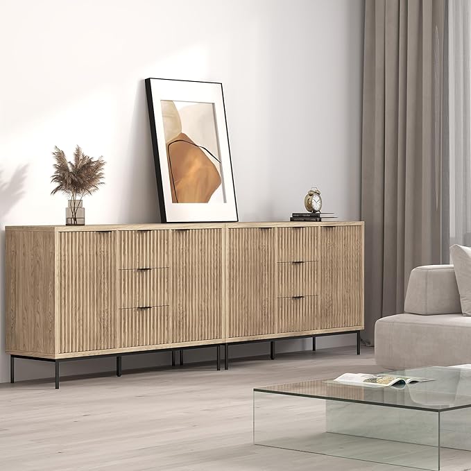 Real Relax Sideboard Buffet Cabinet with Storage, Modern Fluted Cabinet with 2 Doors 3 Drawers, Coffee Bar Accent Storage Credenza, for Kitchen, Living, Dinning Room, Oak