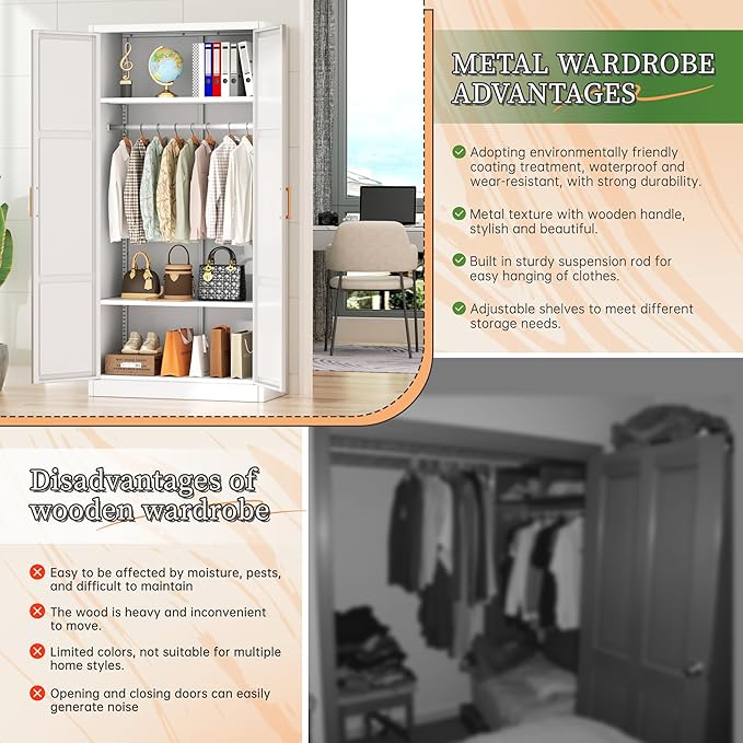 Greenvelly Metal Storage Wardrobe Cabinet, 72" White Metal Wardrobe Closet for Hanging Clothes with Doors and Shelves, Modern Steel Clothes Closet for Home, Office and Bedroom, School,Gym