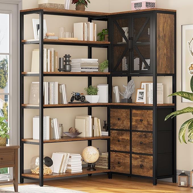 Corner Bookshelf, 6 Tier Industrial Convertible Bookshelf with 6 Fabric Drawers, Corner Bookcase Large L Shaped Storage Display Shelf for Home Office, Living Room, Kitchen, Rustic Brown