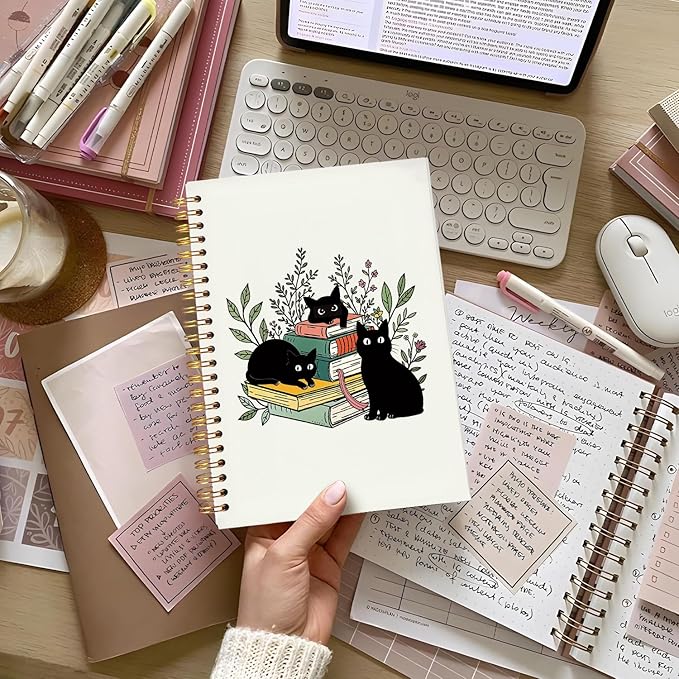Lacama Black Cat Notebook Journal, Cute Cat Notebook Gifts for Women, Trendy Black Cat Spiral Notebooks, Gifts for Cat Lovers, Cat Stationary, Cat Notepad, School Supplies, Office Supplies 5.5x8.3