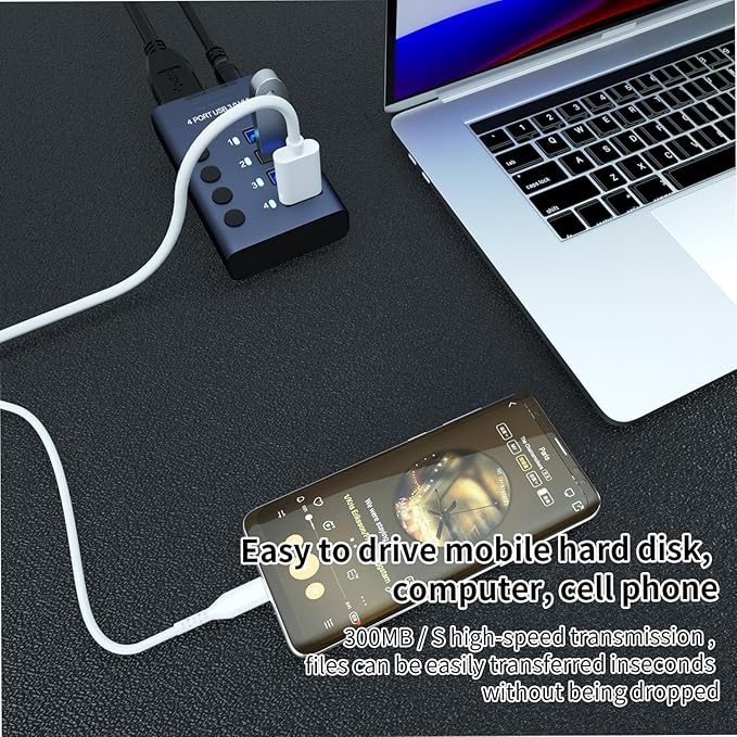 MaxLax 4 Port Aluminum USB 3.0 hub with 4 Port USB Data Transfer,36W (12V/3A) Power Adapter USB Splitter Independent Switch