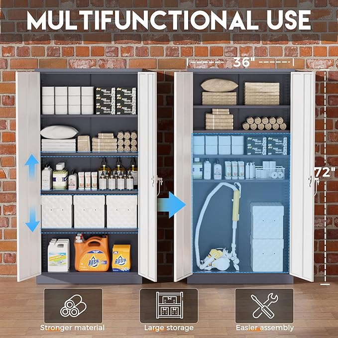 Greenvelly Metal Garage Storage Cabinet, Locking Steel Cabinet with 2 Doors and 4 Adjustable Shelves, Metal Tool Cabinets, Lockable File Cabinet for Home Office, Garage, School (Gray White)