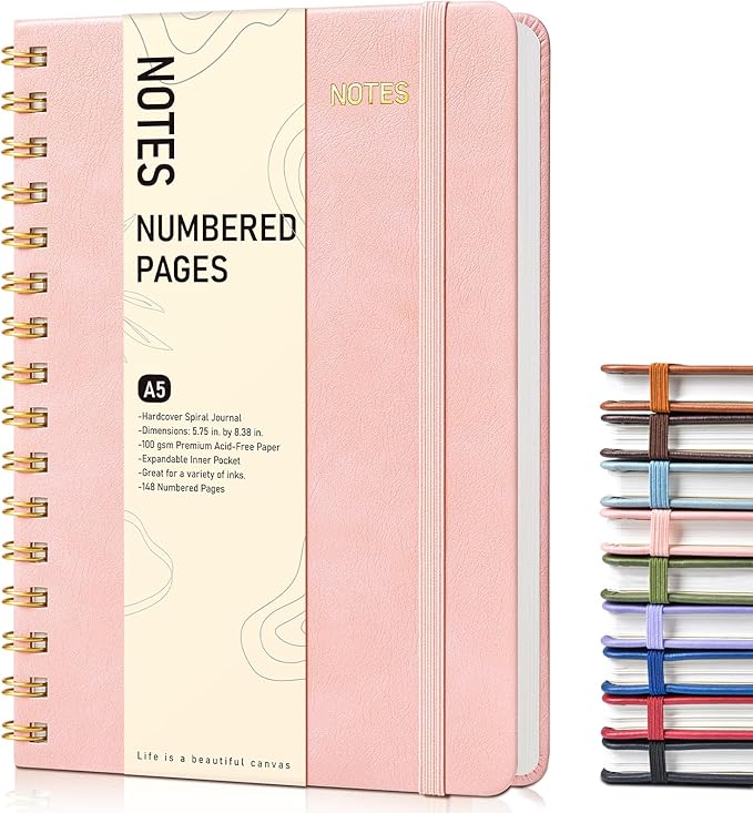Lined Spiral Journal Notebook for Women, A5 Hardcover Notebooks for Work, 150 Numbered Pages Pink Notebook, 100GSM College Ruled Journals for Writing, Note Taking, 5.75" x 8.38"