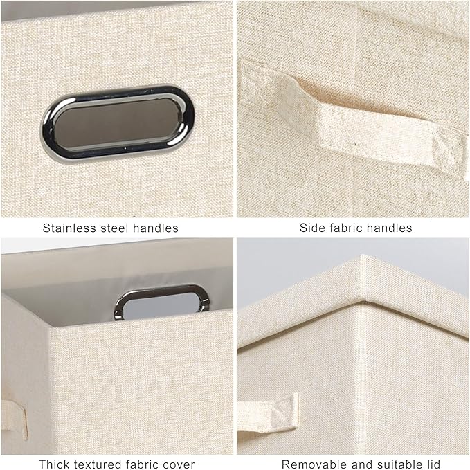 Large 17" 36 Quart Collapsible Stackable Storage Bins with Lids, 3 Packs Light Orange Linen Fabric Closet Boxes with Lids, Storage Cube Baskets Container Organizers for Office (17x12x11)