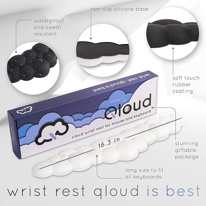 Qloud Cloud Wrist Rest Keyboard Wrist Rest for Computer Keyboard Pad, Cloud Keyboard Wrist Rest, Wrist Pad for Keyboard, Memory Foam, Non Slip Base, Comes with Mouse Pad - Matte Black