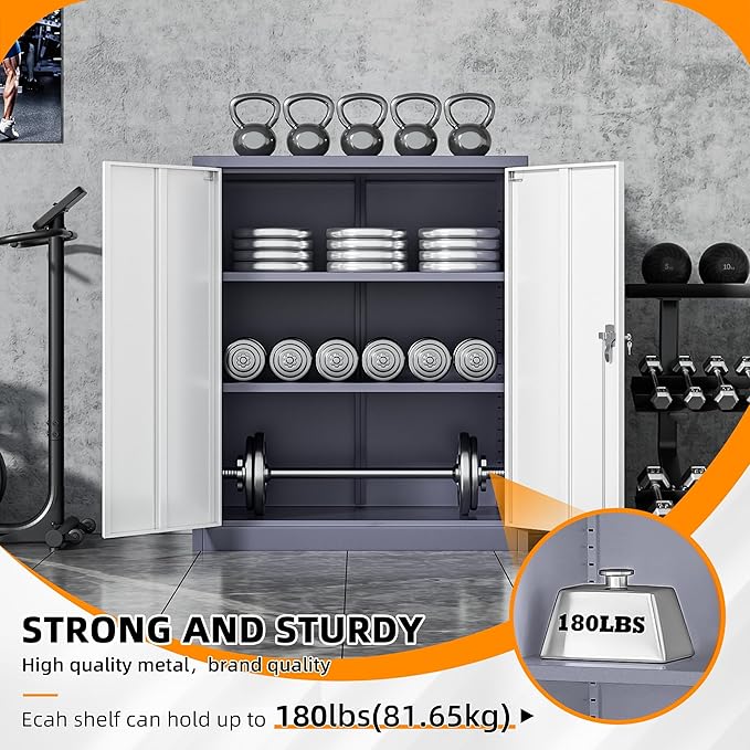 INTERGREAT Metal Cabinet with Lock, Lockable Metal Storage Cabinets with Doors and Shelves for Garage, Grey White Locking Garage Storage Cabinets 36"×32"×16"