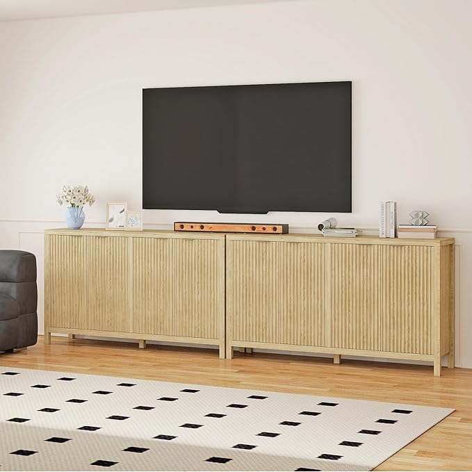 Real Relax Fluted Sideboard Cabinet, 4-Door Sideboard Buffet Cabinet with Storage, 55" Large Modern Credenza Adjustable Shelves, Buffet Table for Dining Room, Kitchen, Living Room, Natural Oak