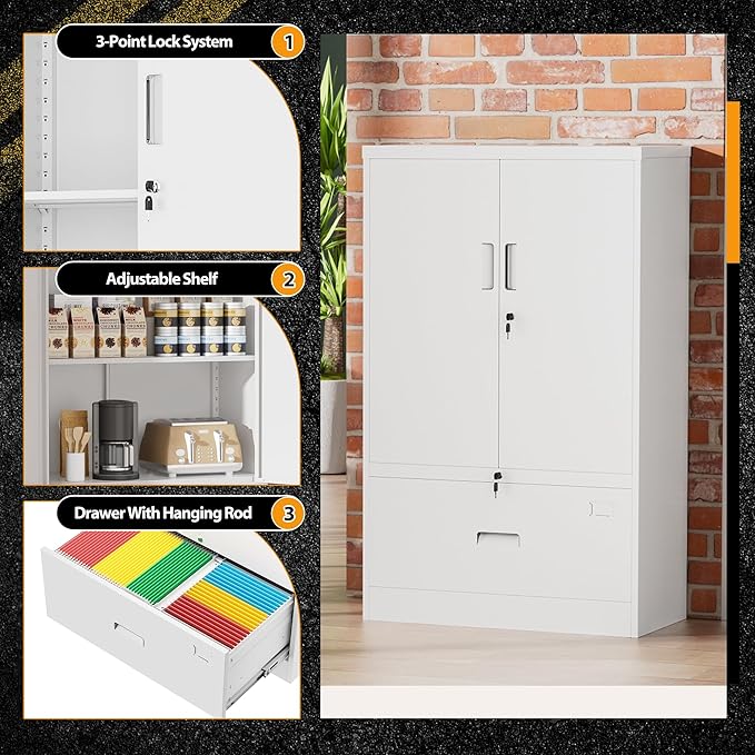 INTERGREAT Metal Storage Cabinet,Metal File Cabinet with Lockable Doors and Adjustable Shelves,Pantry Storage Cabinets for Garage,Home Office,Kitchen(White)