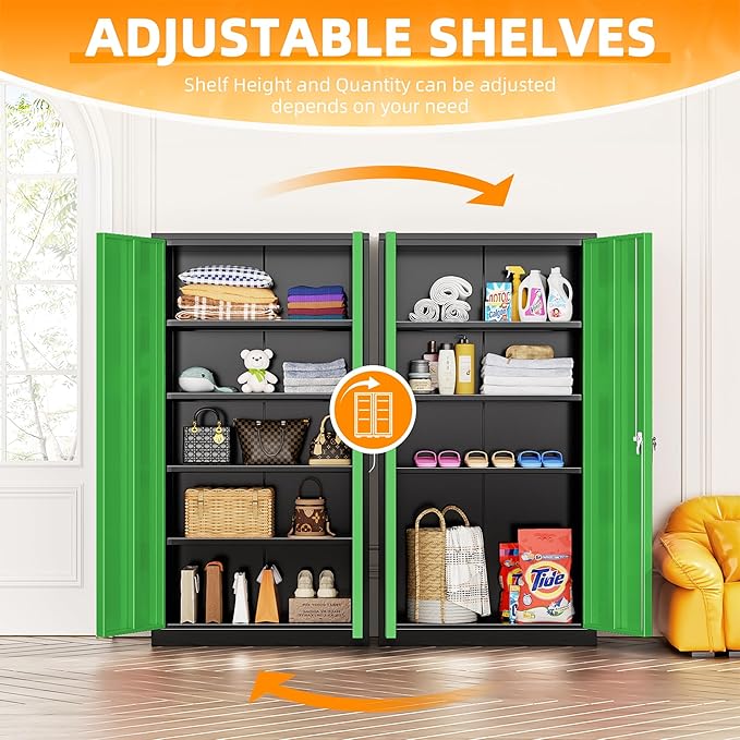 INTERGREAT Metal Storage Cabinet, Garage Steel Locking Cabinets with Doors and 4 Adjustable Shelves, Tall Lockable File Tool Cabinets for Home Office, Classroom Cabinet Basement, Black-Green