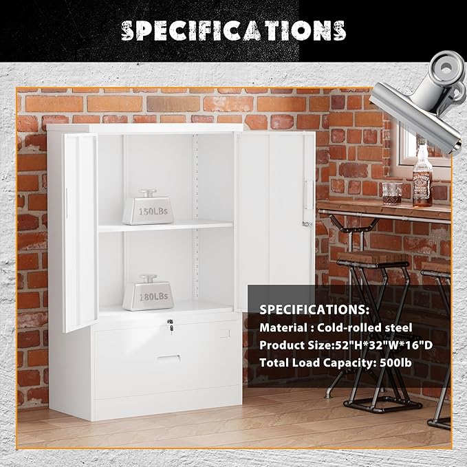 INTERGREAT Metal Storage Cabinet,Metal File Cabinet with Lockable Doors and Adjustable Shelves,Pantry Storage Cabinets for Garage,Home Office,Kitchen(White)