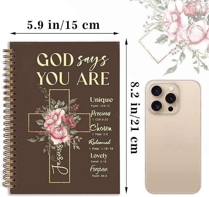 Bible Notebook, A5 Spiral Christian Journal with Floral Notebook, Bible Verse-God Says You Are, Inspirational Notebooks for Women, Bible Study, Gift for Birthday Christmas, Office Supplies (Brown)