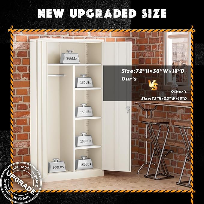 Greenvelly Metal Storage Cabinet with 2 Doors, Grey 72” Steel Storage Wardrobe Cabinet, Employees Locker Closet Clothing Coat Steel Wardrobe Cabinet with Hanging Rod for Garage, Gym, Home Office