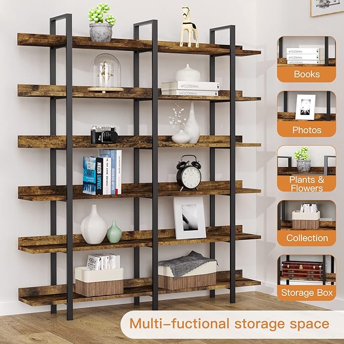 FRAPOW 83Inch Industrial Bookshelf and Bookcase, Double Wide 6 Tier Large Vintage Book Shelf with Metal Frame Open Bookshelves for Living Room Home Office