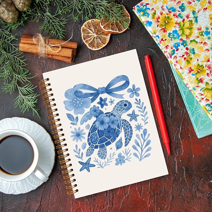 JXREQ Cute Blue Bow Sea Turtle Notebook Floral Journal Notebook for Women Note Taking Office School Supplise, Sea Turtle Gifts Journal for Women Turtles Lovers, Blue Spiral Notebooks 5.5x8.3