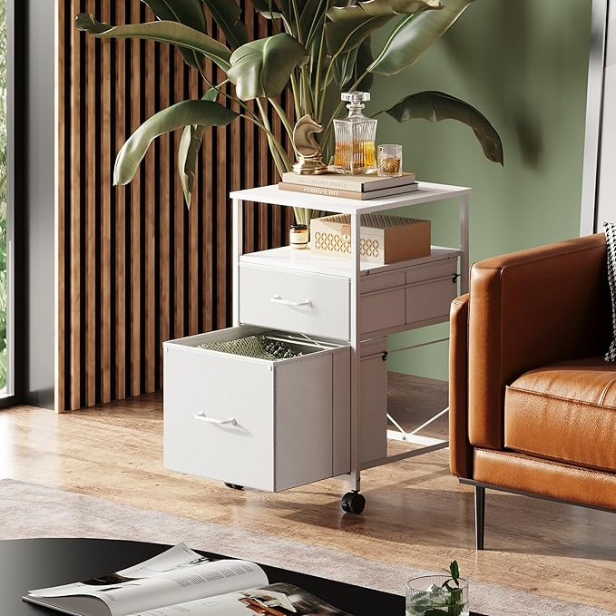 DEVAISE 2 Drawer Fabric Vertical Filing Cabinet, Rolling Printer Stand, White