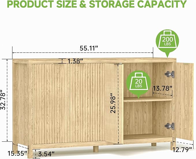 Real Relax Fluted Sideboard Cabinet, 4-Door Sideboard Buffet Cabinet with Storage, 55" Large Modern Credenza Adjustable Shelves, Buffet Table for Dining Room, Kitchen, Living Room, Natural Oak