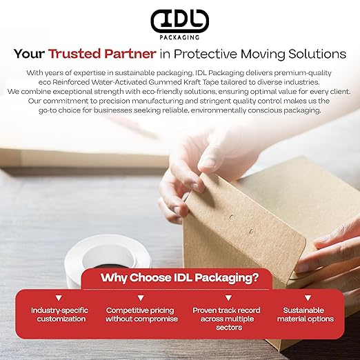 IDL Packaging 3" x 375 feet Reinforced Water-Activated Kraft Gummed Tape 70lb Thickness (Pack of 4) - Secure Paper Packing Tape for Secure Carton Sealing - Heavy-Duty for All Conditions, White