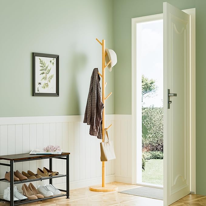 Wooden Coat Rack Freestanding with Round Base, Adjustable 4 Heights Sturdy Coat Hanger Stand 9 Hooks for Hanging Bags, Hats, Save Space Coat Tree for Narrow Place, Entryway, Bedroom, Office (Natural)