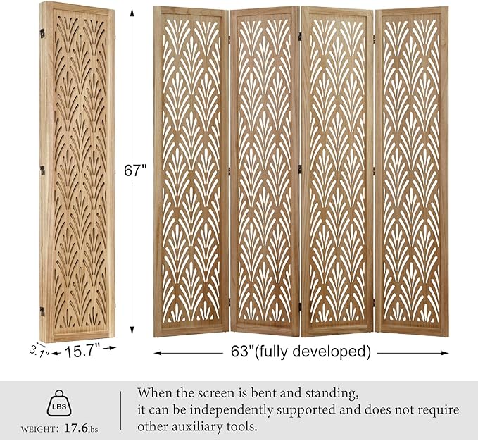 5.6Ft Room Divider Folding Wood Simple Carved Partition Screen for Home Office Garden - 4 Panels (Natural)
