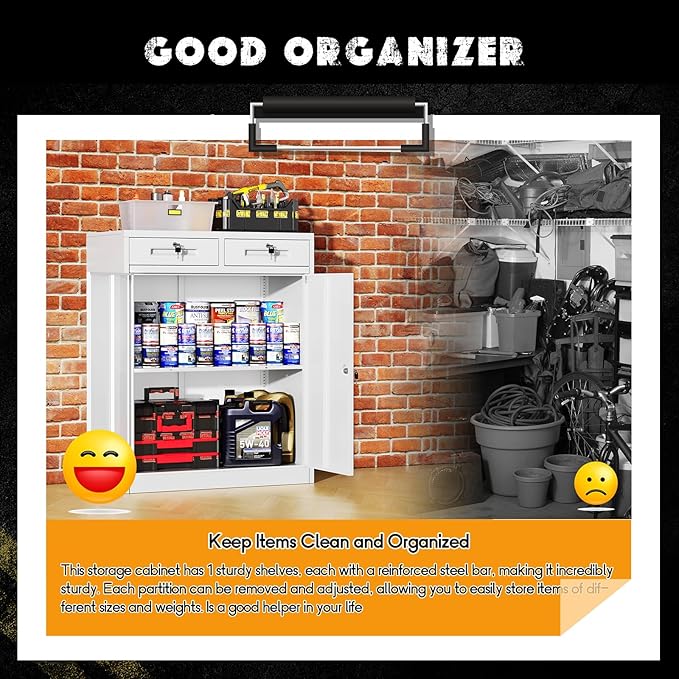 Greenvelly Metal Storage Cabinet, 42' White Steel Garage Cabinet with 2 Doors, Adjustable Shelves, Locking for Office, School or Tool Organization