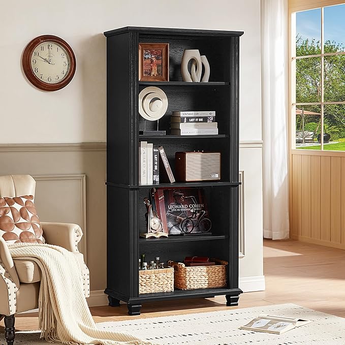 70" Tall Black Bookshelf,5 Tier Wooden Book Shelf with Adjustable Shelves & Wood Legs,Free Standing Farmhouse Bookcase with Open Display Storage,Vintage Bookshelves for Living Room, 2PCS