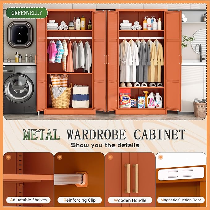 Greenvelly Metal Wardrobe Cabinet with Wooden Handle, 72" Metal Wardrobe Closet with Hanging Rods and Adjustable Shelves, Clothing Storage Closet Cabinet for Home, Office, Employee, Gym (Brown)