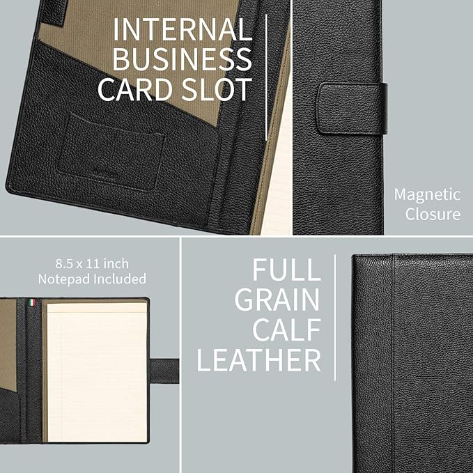 Maruse Italian Leather Executive Padfolio, Folder Organizer with Magnetic Closure and Writing Pad, Handmade in Italy, Black