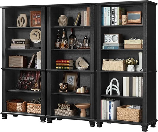 70" Tall Black Bookshelf,5 Tier Wooden Book Shelf with Adjustable Shelves & Wood Legs,Free Standing Farmhouse Bookcase with Open Display Storage,Vintage Bookshelves for Living Room, 3PCS