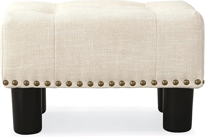 LUE BONA Small Tufted Foot Stool, Beige Linen Rivet Tufted Footrest with Plastic Legs, 9''H, Rectangle Foot Stools for Adult with Non-Slip Pads, Sofa Footstool for Living Room, Couch