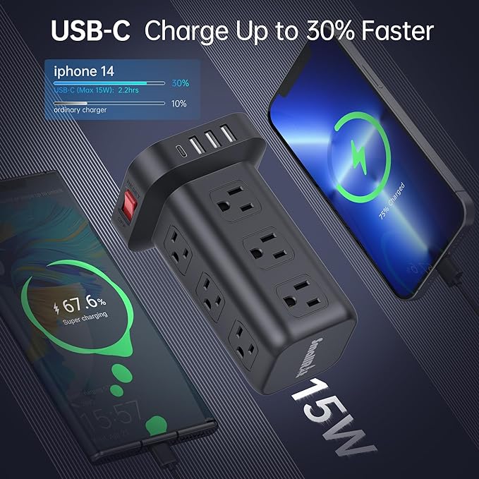 Surge Protector Power Strip Tower,10FT Extension Cord with Multiple Outlets, 12 AC 4 USB (1 USB C),Mini Power Strip with USB Ports, Surge Protector Tower Overload Protection for Office, Desk