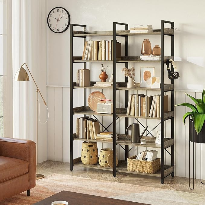 Seventable Bookshelf 6 Tier with 4 Hooks,67”Industrial Wooden Bookcase, Vintage Storage Rack with Open Shelves, Rustic Standing Bookshelves Metal Frame 43.3” Wide Display Rack, Gray