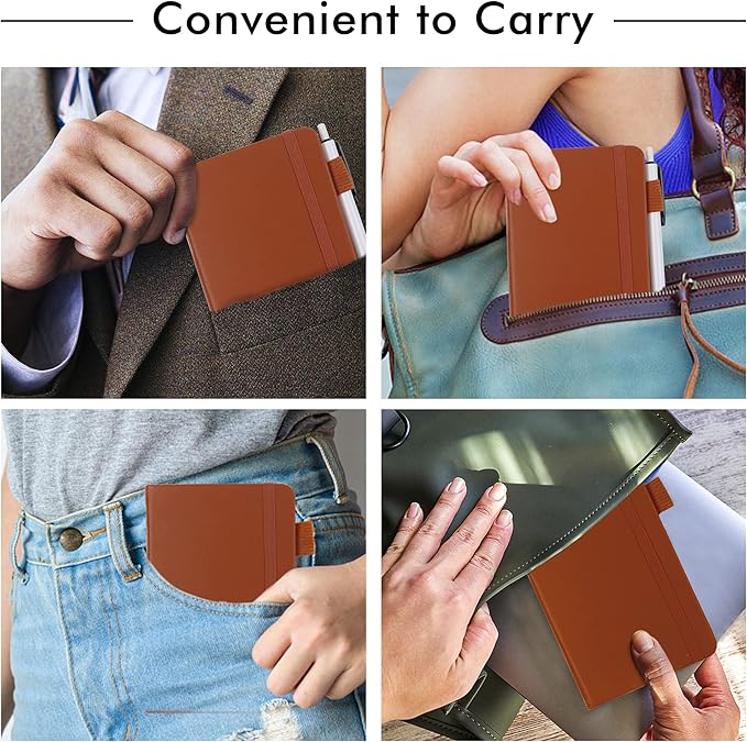feela 15 Pack Pocket Small Notebooks Bulk, Mini Cute Notepads Hardcover College Ruled Lined Journals with Pen Holder for School Business Memos, with 15 Black Pens, 3.5”x 5.5”, A6, Brown