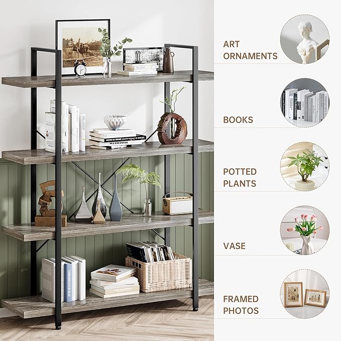 Bookshelf Set of 2, Heavy Duty 4-Tier Industrial Bookcase, 47" Wide Wood Bookshelf for Home Office, 120lbs Shelf Capacity, Rustic Display with Horizontal Shelf for Living Room Bedroom,Grey