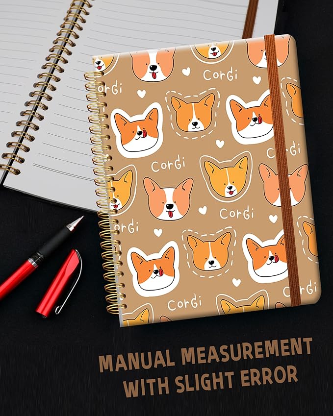 Ruled Spiral Writing Notebook,A5 Hardcover Lined College Journal for Women Lady Girl,Cute Strong Twin-Wire Binding with Premium Paper,8.4" X 6",Perfect for School,Office,Home Gifts(Cartoon Corgi Dog)